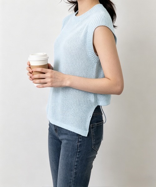 Miniministore(ミニミニストア)の「サマーニット バックリボン透け感トップス(Tシャツ/カットソー・レディース・ダークブルー/ホワイト/ライトブルー/ブラック・FREE)」の7枚目の写真