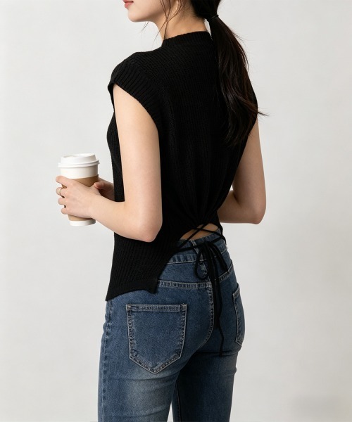 Miniministore(ミニミニストア)の「サマーニット バックリボン透け感トップス(Tシャツ/カットソー・レディース・ダークブルー/ホワイト/ライトブルー/ブラック・FREE)」の10枚目の写真