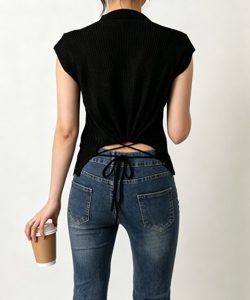 Miniministore(ミニミニストア)の「サマーニット バックリボン透け感トップス(Tシャツ/カットソー・レディース・ダークブルー/ホワイト/ライトブルー/ブラック・FREE)」の11枚目の写真