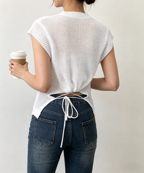 Miniministore(ミニミニストア)の「サマーニット バックリボン透け感トップス(Tシャツ/カットソー・レディース・ダークブルー/ホワイト/ライトブルー/ブラック・FREE)」の13枚目の写真