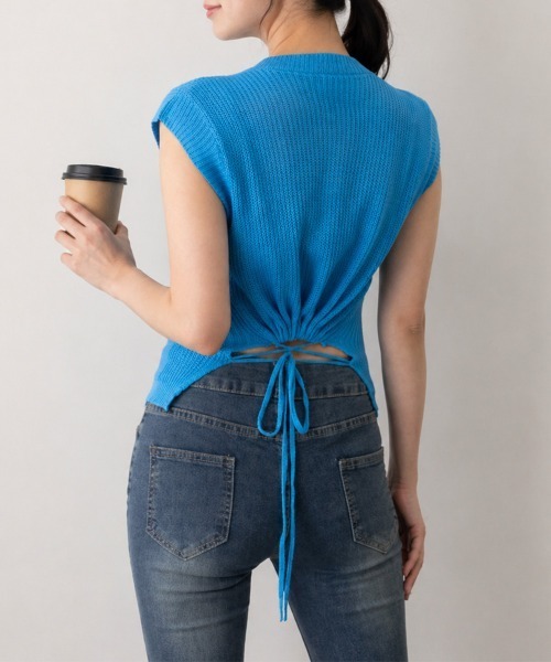 Miniministore(ミニミニストア)の「サマーニット バックリボン透け感トップス(Tシャツ/カットソー・レディース・ダークブルー/ホワイト/ライトブルー/ブラック・FREE)」の17枚目の写真