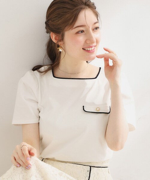couture brooch(クチュールブローチ)の「【接触冷感・UVカット・洗える】マリンコードTシャツ(Tシャツ/カットソー・レディース・グレー/オフホワイト/ネイビー・42/40/38/36)」の1枚目の写真