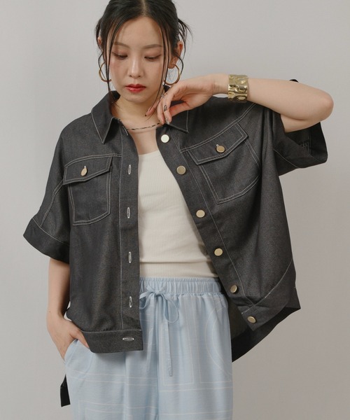 palm RICHE(ポームリシュ)の「レーヨンデニムTOPS(シャツ/ブラウス・レディース・ブラック/オフホワイト・M)」の6枚目の写真