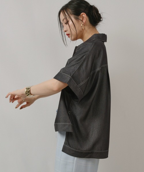 palm RICHE(ポームリシュ)の「レーヨンデニムTOPS(シャツ/ブラウス・レディース・ブラック/オフホワイト・M)」の8枚目の写真