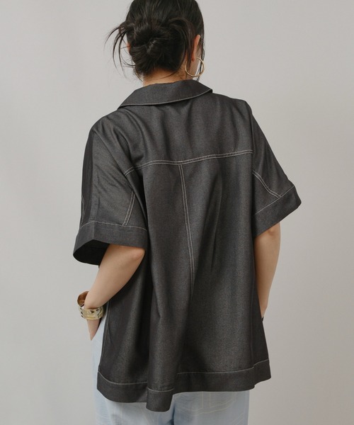 palm RICHE(ポームリシュ)の「レーヨンデニムTOPS(シャツ/ブラウス・レディース・ブラック/オフホワイト・M)」の9枚目の写真