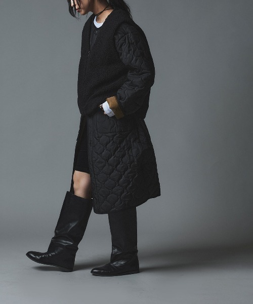 W:Huku(フーク)の「オニオン キルト ロング コート ボアベスト セット / Onion Quilt Long Coat Set(ダウンジャケット/コート・レディース・カーキ/ライトベージュ/ブラック・FREE)」の1枚目の写真
