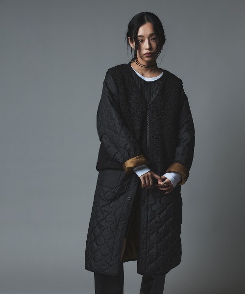 W:Huku(フーク)の「オニオン キルト ロング コート ボアベスト セット / Onion Quilt Long Coat Set(ダウンジャケット/コート・レディース・カーキ/ライトベージュ/ブラック・FREE)」の11枚目の写真