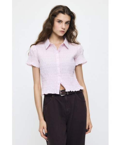 MOUSSY（マウジー）の「PLAID SHIRRING シャツ（シャツ/ブラウス・レディース・キナリ/ライトブルー/ピンク/ダークブラウン・FREE）」の4枚目の写真