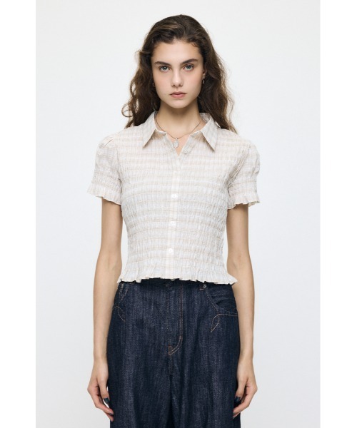 MOUSSY（マウジー）の「PLAID SHIRRING シャツ（シャツ/ブラウス・レディース・キナリ/ライトブルー/ピンク/ダークブラウン・FREE）」の2枚目の写真