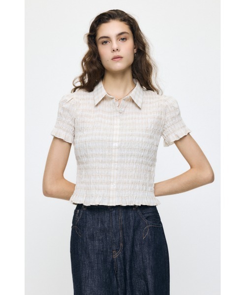 MOUSSY（マウジー）の「PLAID SHIRRING シャツ（シャツ/ブラウス・レディース・キナリ/ライトブルー/ピンク/ダークブラウン・FREE）」の10枚目の写真