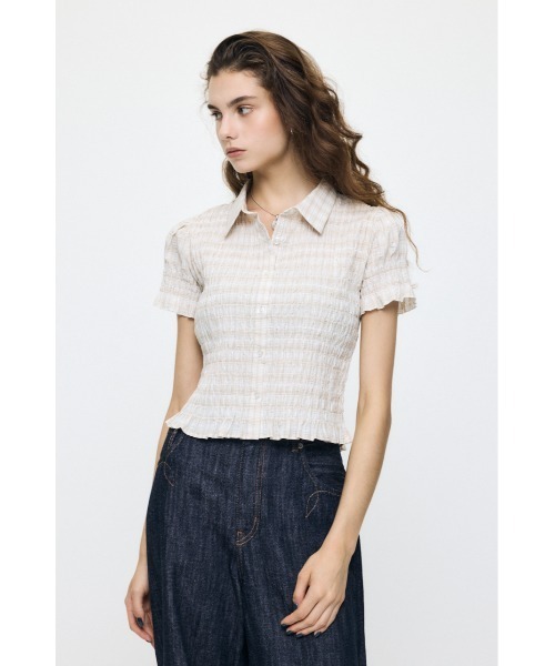 MOUSSY（マウジー）の「PLAID SHIRRING シャツ（シャツ/ブラウス・レディース・キナリ/ライトブルー/ピンク/ダークブラウン・FREE）」の11枚目の写真
