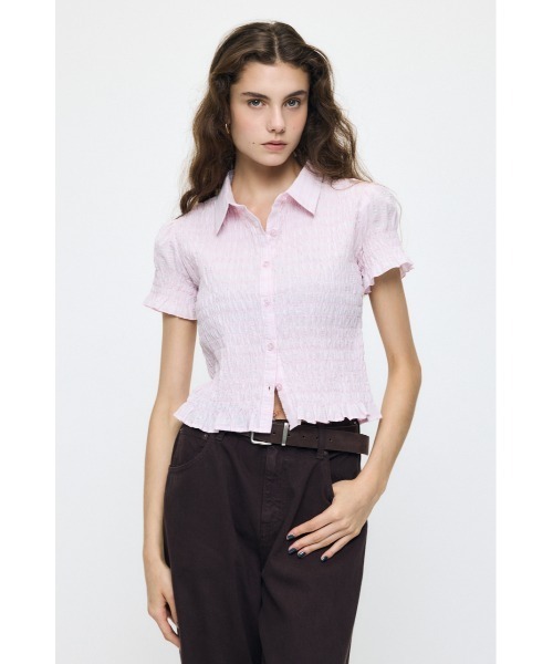 MOUSSY（マウジー）の「PLAID SHIRRING シャツ（シャツ/ブラウス・レディース・キナリ/ライトブルー/ピンク/ダークブラウン・FREE）」の18枚目の写真