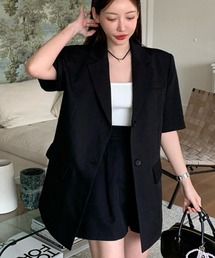 【セットアップ】シングルブレスト半袖ジャケット&タックショートパンツ