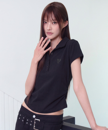 サイドシャーリングカラー半袖Tシャツ[ブラック]