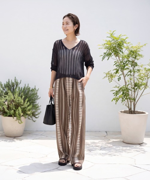 STYLE DELI(スタイルデリ)の「【LUXE】刺繍ストライプ綿混ストレートパンツ(その他パンツ・レディース・ネイビー/ライトブラウン・FREE)」の14枚目の写真