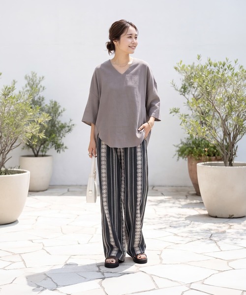 STYLE DELI(スタイルデリ)の「【LUXE】刺繍ストライプ綿混ストレートパンツ(その他パンツ・レディース・ネイビー/ライトブラウン・FREE)」の18枚目の写真