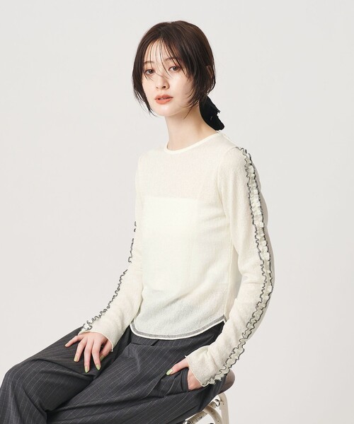 BEAUTY&YOUTH UNITED ARROWS(ビューティーアンドユースユナイテッドアローズ)の「コットンナイロン ジャガード フリル プルオーバー ウォッシャブル(Tシャツ/カットソー・レディース・ワイン/オフホワイト/ブラック・FREE)」の2枚目の写真