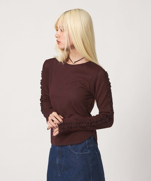 BEAUTY&YOUTH UNITED ARROWS(ビューティーアンドユースユナイテッドアローズ)の「コットンナイロン ジャガード フリル プルオーバー ウォッシャブル(Tシャツ/カットソー・レディース・ワイン/オフホワイト/ブラック・FREE)」の1枚目の写真