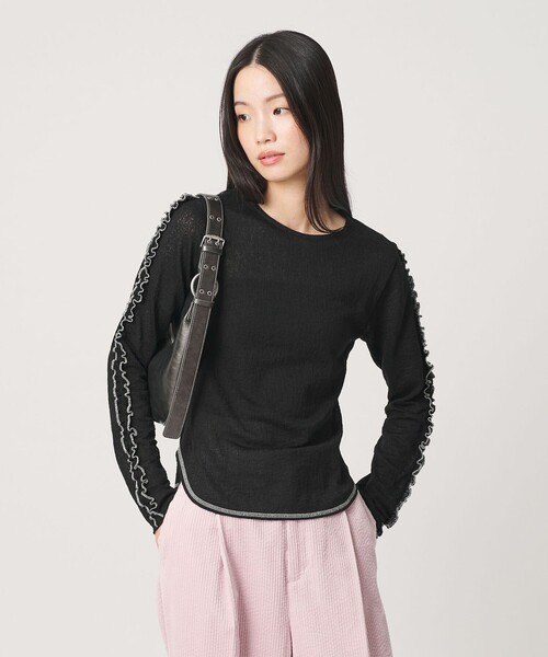 BEAUTY&YOUTH UNITED ARROWS(ビューティーアンドユースユナイテッドアローズ)の「コットンナイロン ジャガード フリル プルオーバー ウォッシャブル(Tシャツ/カットソー・レディース・ワイン/オフホワイト/ブラック・FREE)」の3枚目の写真