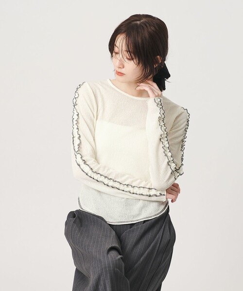 BEAUTY&YOUTH UNITED ARROWS(ビューティーアンドユースユナイテッドアローズ)の「コットンナイロン ジャガード フリル プルオーバー ウォッシャブル(Tシャツ/カットソー・レディース・ワイン/オフホワイト/ブラック・FREE)」の6枚目の写真