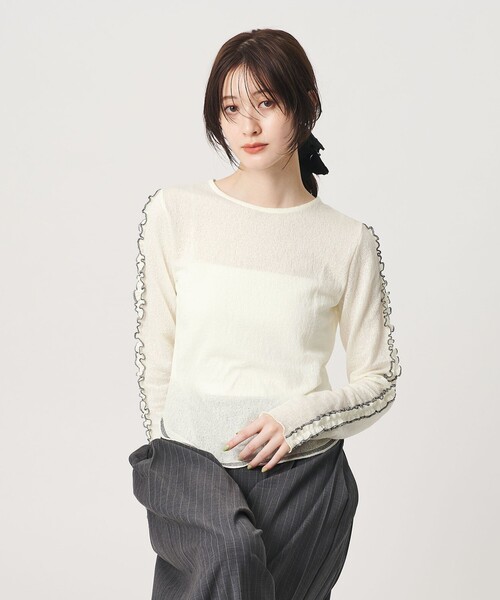 BEAUTY&YOUTH UNITED ARROWS(ビューティーアンドユースユナイテッドアローズ)の「コットンナイロン ジャガード フリル プルオーバー ウォッシャブル(Tシャツ/カットソー・レディース・ワイン/オフホワイト/ブラック・FREE)」の7枚目の写真
