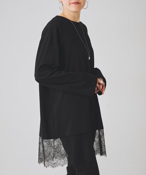 BEARDSLEY(ビアズリー)の「《9/19(土)12:00予約開始予定》裾レースチュニック(Tシャツ/カットソー・レディース・ホワイト/ブラック・FREE)」の2枚目の写真