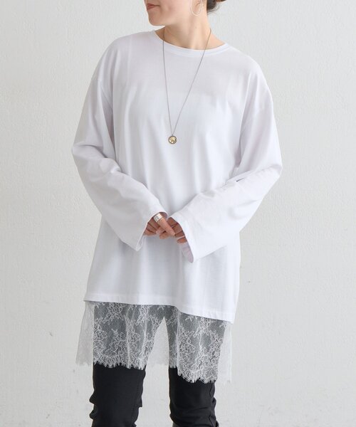 BEARDSLEY(ビアズリー)の「《9/19(土)12:00予約開始予定》裾レースチュニック(Tシャツ/カットソー・レディース・ホワイト/ブラック・FREE)」の5枚目の写真