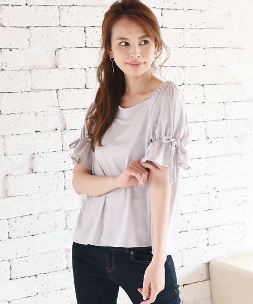 Luz Llena（ラズレナ）の「[接触冷感][2way]袖リボン・カットソーブラウス（シャツ/ブラウス・レディース・イエロー/オフホワイト/グレー・MEDIUM）」の3枚目の写真