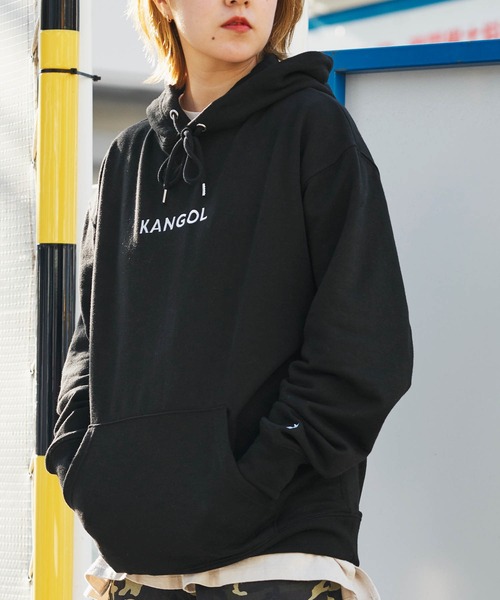 KANGOL(カンゴール)の「▽WEB限定 KANGOL/カンゴール 別注ロゴ刺繍 オーバーサイズ プルオーバーパーカー(パーカー)」|ブラック