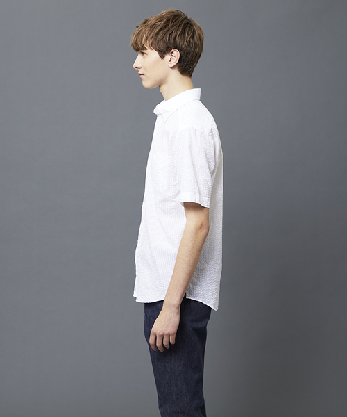 Cricket（クリケット）の「「Cricket」クリケット シアサッカー無地 半袖ボタンダウンカラーシャツ 日本製（シャツ/ブラウス・メンズ・ホワイト/ネイビー・L/M/LL）」の3枚目の写真