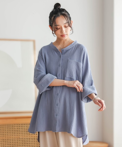osharewalker（オシャレウォーカー）の「ダブルガーゼバンドカラーシャツ（シャツ/ブラウス・レディース・グレイッシュブルー/モカ/ブラウン/ネイビー/ブルー・FREE）」の20枚目の写真