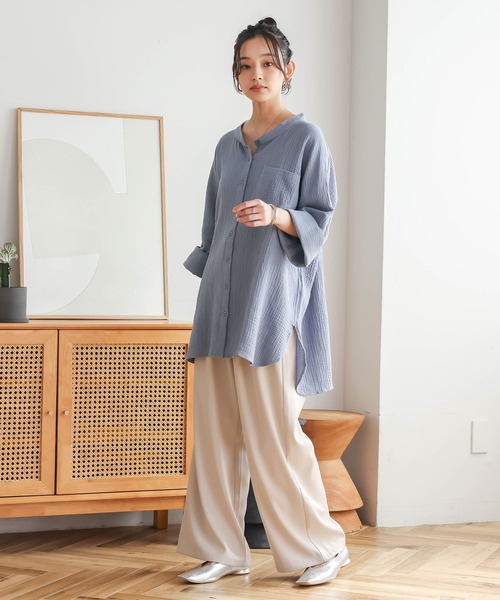 osharewalker（オシャレウォーカー）の「ダブルガーゼバンドカラーシャツ（シャツ/ブラウス・レディース・グレイッシュブルー/モカ/ブラウン/ネイビー/ブルー・FREE）」の21枚目の写真