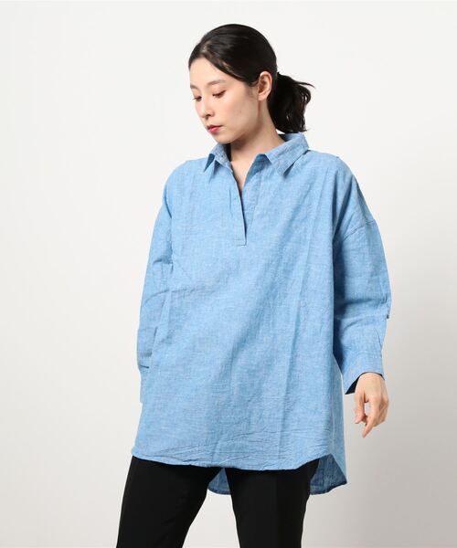 Samansa Mos2（サマンサ モスモス）の「後ろ開きスキッパーチュニック（シャツ/ブラウス・レディース・ブルー/ブラック/イエロー/ピンク/サックスブルー/オフホワイト・ﾌﾘ-）」の4枚目の写真