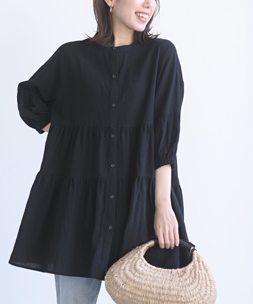 rps（アールピーエス）の「バンドカラーティアード前開き6分袖ブラウス（シャツ/ブラウス・レディース・オフホワイト/ミント/ピンク/レッド/ブラック/マスタード・M）」の3枚目の写真