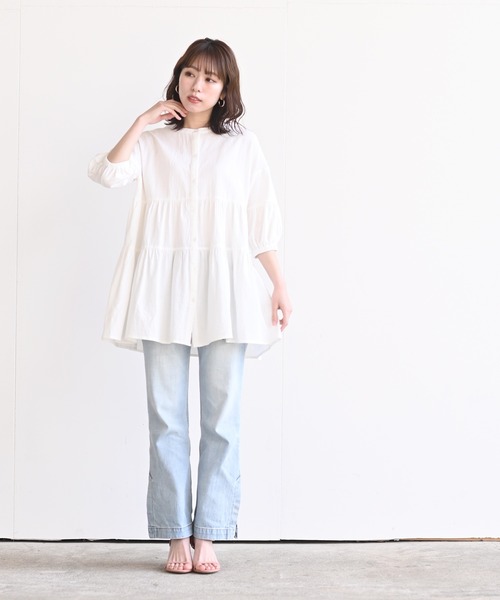 rps（アールピーエス）の「バンドカラーティアード前開き6分袖ブラウス（シャツ/ブラウス・レディース・オフホワイト/ミント/ピンク/レッド/ブラック/マスタード・M）」の7枚目の写真