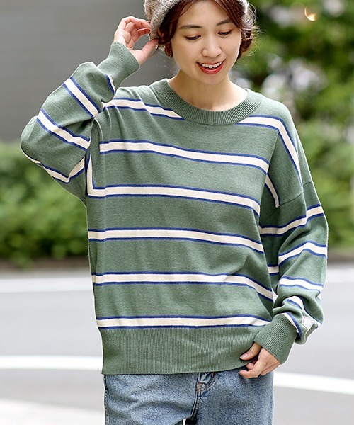 チチカカ（チチカカ）の「ヴィンテージボーダーニットプルオーバー（ニット/セーター・レディース・パープル/グレー/グリーン・FREE）」の3枚目の写真