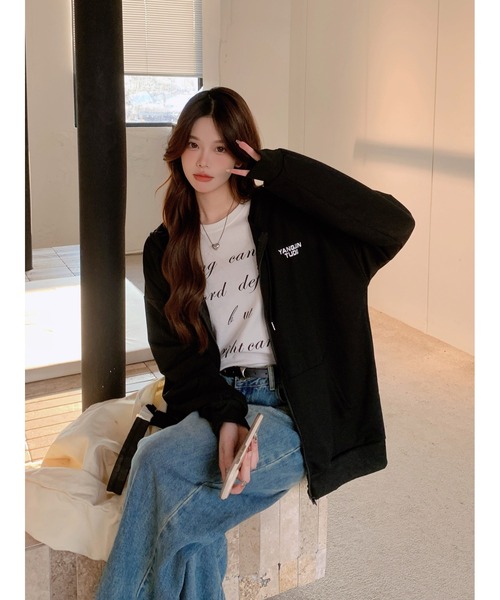 DEVICE（デバイス）の「オーバーシルエット シンプルパーカー ジップパーカ スウェット トレーナー（パーカー・レディース・グレー/ナチュラル/ブラック・FREE）」の7枚目の写真