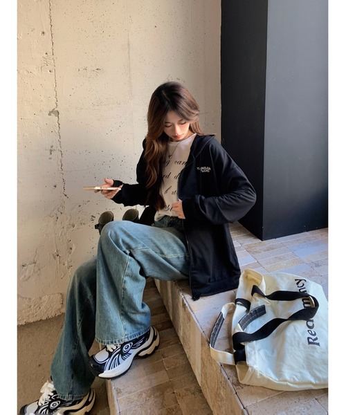 DEVICE（デバイス）の「オーバーシルエット シンプルパーカー ジップパーカ スウェット トレーナー（パーカー・レディース・グレー/ナチュラル/ブラック・FREE）」の10枚目の写真