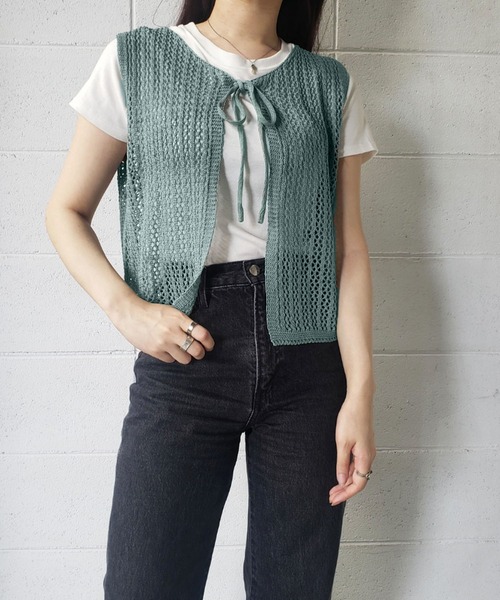 セール】フロントリボンかぎ編みノースリーブニット（ベスト）｜me+em