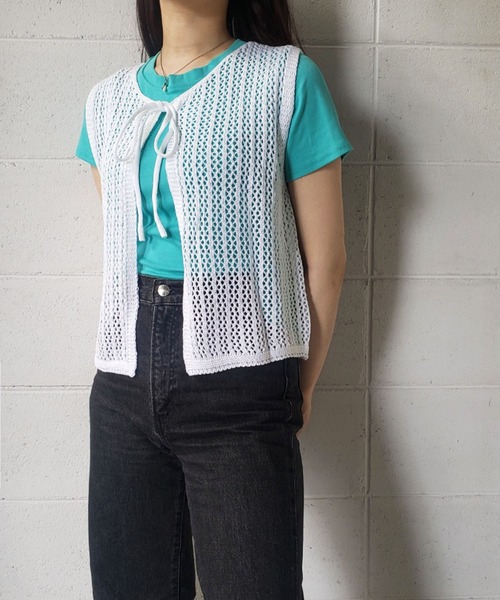 セール】フロントリボンかぎ編みノースリーブニット（ベスト）｜me+em