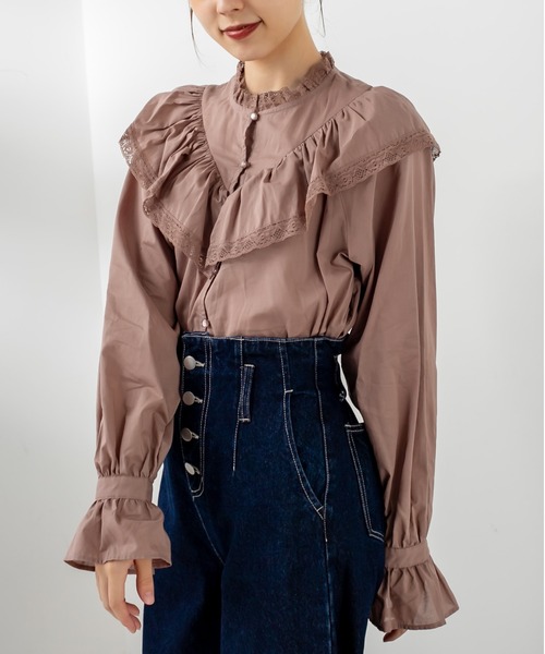 OLIVE des OLIVE（オリーブデオリーブ）の「Vフリルスタンドブラウス（シャツ/ブラウス・レディース・オフホワイト/ブラック/ライトブラウン・FREE）」の14枚目の写真