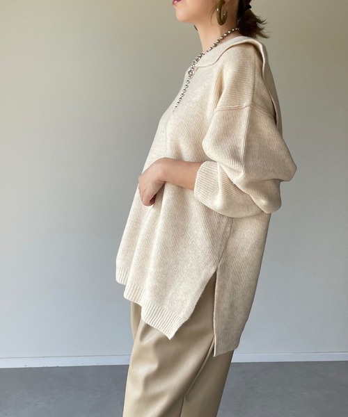 y/m by misato(イムバイミサト)の「杢ストレッチ糸セーラーカラートップス(ニット/セーター・レディース・アイボリー/グレイッシュベージュ・FREE)」の14枚目の写真