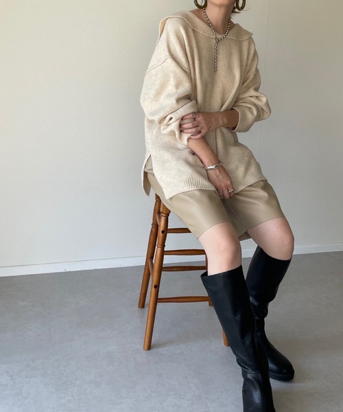 y/m by misato(イムバイミサト)の「杢ストレッチ糸セーラーカラートップス(ニット/セーター・レディース・アイボリー/グレイッシュベージュ・FREE)」の12枚目の写真