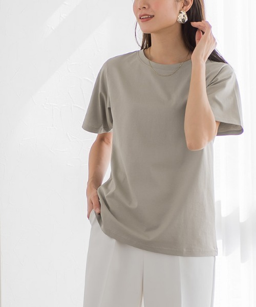 Pierrot(ピエロ)の「シルケットコットンTシャツ クルーネック(Tシャツ/カットソー・レディース・オフホワイト/ブラック/グレイッシュベージュ/ネイビー/ピンク・S/M/L)」の3枚目の写真