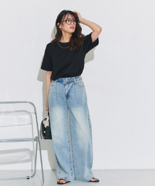 Pierrot(ピエロ)の「シルケットコットンTシャツ クルーネック(Tシャツ/カットソー・レディース・オフホワイト/ブラック/グレイッシュベージュ/ネイビー/ピンク・S/M/L)」の22枚目の写真