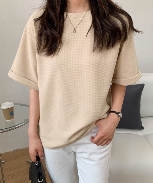 Diosfront(ディオスフロント)の「五分袖ルーズシルエットワッフルTシャツ(Tシャツ/カットソー・レディース・チャコールグレー/ブラック/ベージュ/ホワイト・M/L)」の6枚目の写真