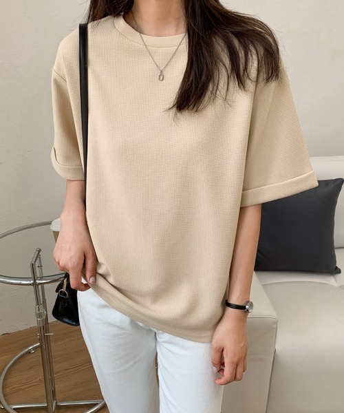 Diosfront(ディオスフロント)の「五分袖ルーズシルエットワッフルTシャツ(Tシャツ/カットソー・レディース・チャコールグレー/ブラック/ベージュ/ホワイト・M/L)」の7枚目の写真