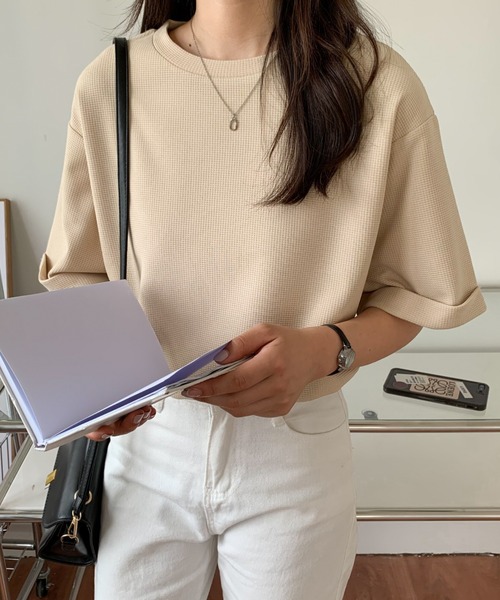 Diosfront(ディオスフロント)の「五分袖ルーズシルエットワッフルTシャツ(Tシャツ/カットソー・レディース・チャコールグレー/ブラック/ベージュ/ホワイト・M/L)」の8枚目の写真