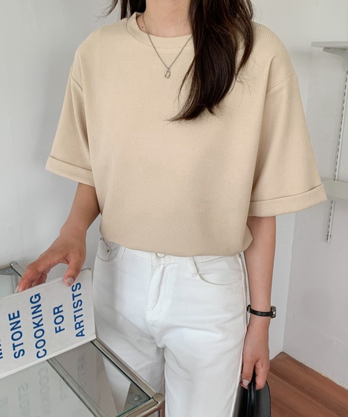 Diosfront(ディオスフロント)の「五分袖ルーズシルエットワッフルTシャツ(Tシャツ/カットソー・レディース・チャコールグレー/ブラック/ベージュ/ホワイト・M/L)」の10枚目の写真
