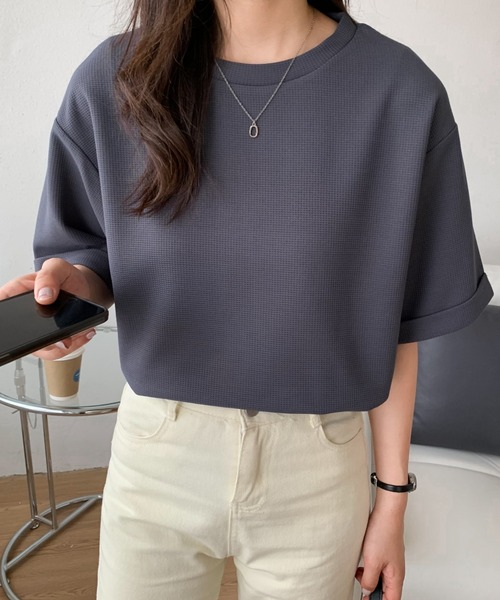Diosfront(ディオスフロント)の「五分袖ルーズシルエットワッフルTシャツ(Tシャツ/カットソー・レディース・チャコールグレー/ブラック/ベージュ/ホワイト・M/L)」の11枚目の写真